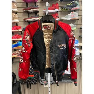 Tokyo Denim Bank Red/Black Floral Sleeve Bomber Jacket Women's Medium New!